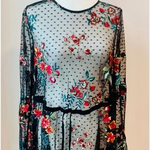 NWT Beautiful ZARA Embroidered Black Swiss Dot Sheer Mesh Tunic Top 💐